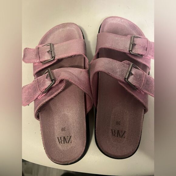 Zara Buckled Denim Slip On Open Toe Flat Sandals Pink Women's 39 /9 Out Of Stock - Picture 12 of 13